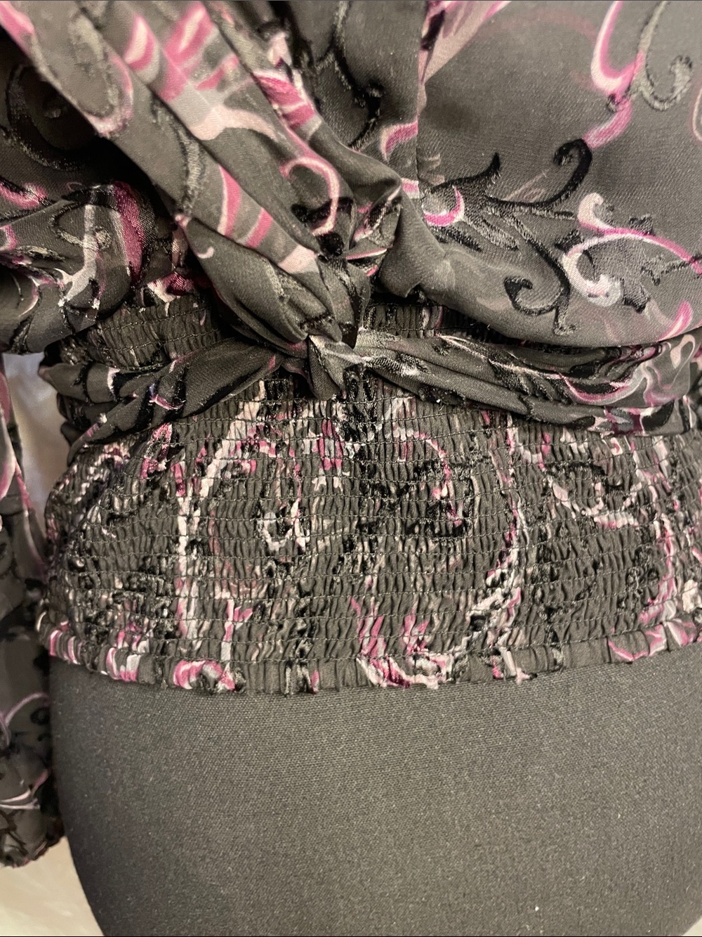 White House Black Market Black Sheer Blouse with Pink Scroll Print - Picture 9 of 12